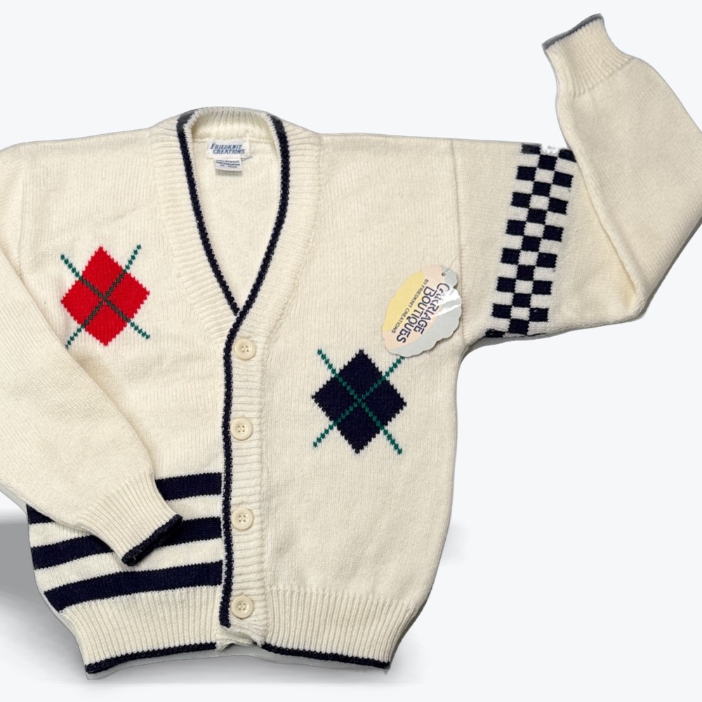 Vintage Friedknit Creations Cardigan Sweater Argyle Checkered Cream 7 Youth